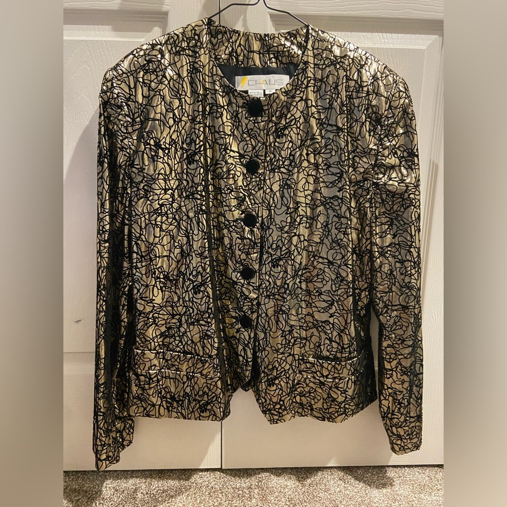Vintage Chaus Size 12 Black & Gold Long Sleeve Blouse W/Shoulder Pads
